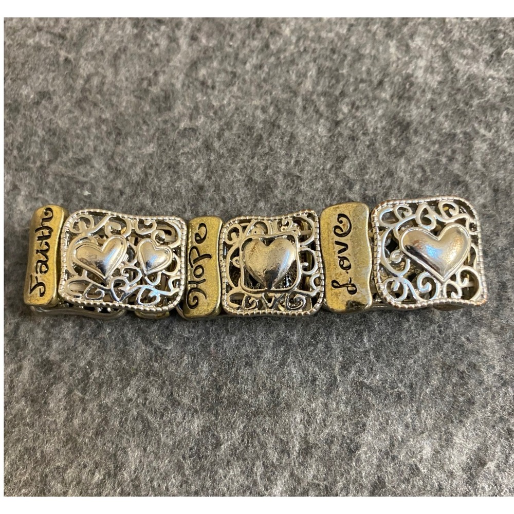 Faith Hope Love Two Tone Heart Filigree Stretch Bracelet Inspirational Jewelry